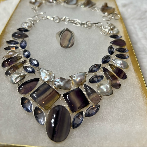 Beautiful 925 Fluorite Biwa Pearl & Amethyst Necklace & Bracelet Gemstone Set - Picture 9 of 13